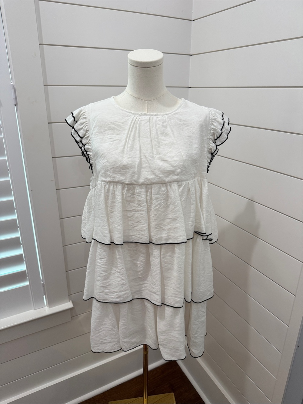 English Factory White Tiered Ruffle Dress Black Trim | Women’s [Size]